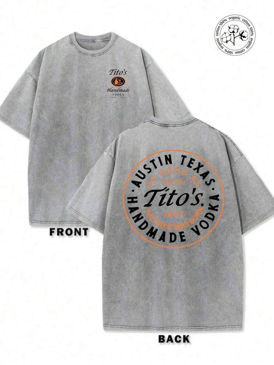 230g Washed And Used T-Shirt, Front Tito's HandmadeVodka Logo, Back With "AUSTIN TEXAS Tito'sHANDMADE Vodka" Circular Text And Brand Logo, Tito'sVodka Theme - Grey - View 1