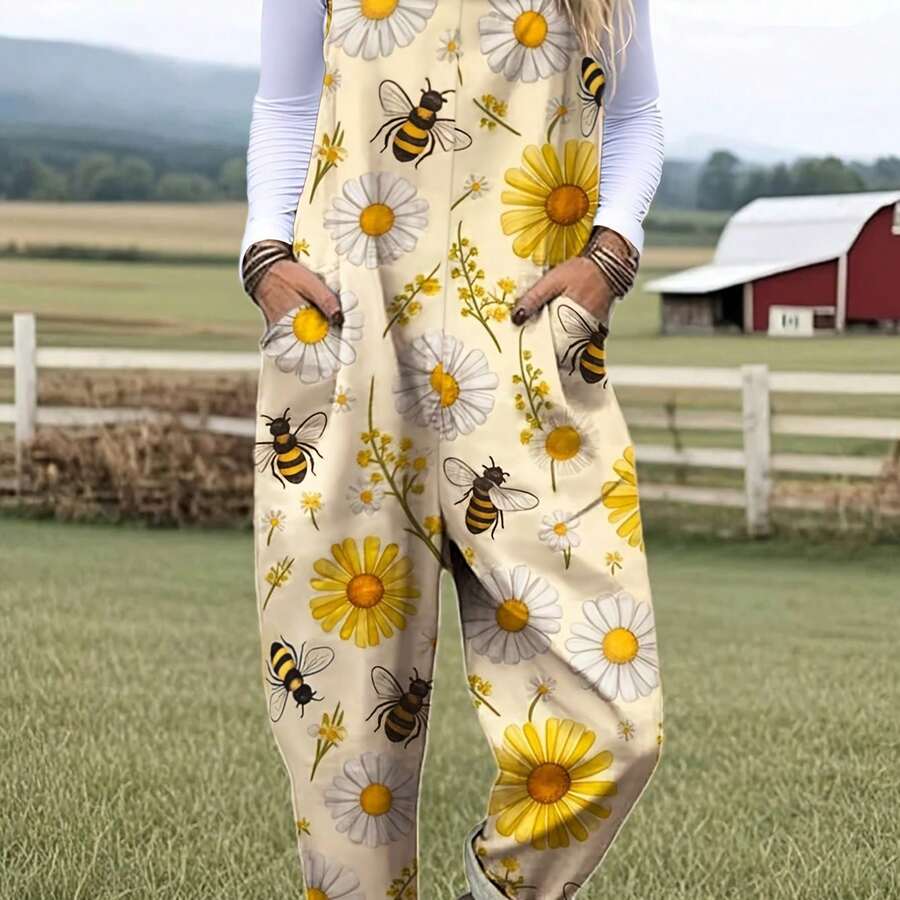[Floral Jumper Pants] Women's Wide-Legged Bee & Daisy Print Overalls - Rustic Floral Jumper Pants With Back Strap, Belt Loop & Pocket, Machine Washable Winter Warmth For Casual Outfits, Farm Visits, Casual Attire - Beige & Yellow Daisy Pattern, Comfortable Wide-Leg Design, Durable Fabric For Autumn/Winter, Relaxed Fit With Elastic Waistband, Vibrant Bee & Daisy Print, Ideal For Camping And Outdoor - Màu vàng - Xem 1