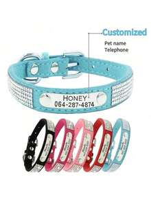Personalized Dog Collar Set With Engraved Nameplate And Leash, Diamond Studded Collar, Suitable For Large, Medium, And Small Dogs, Customized Pet Collar, Engraved With Pet Name And Relevant Information, To Prevent Dogs From Getting Lost. - Pink-collar+Leash Set - View 11