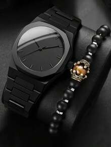 Set Jam Tangan Pria Kelas Atas Berbahan Plastik Quartz, Isi 2 Buah - Hitam - View 3