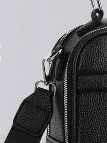 时尚仿皮斜挎包，女士单肩手机钱包，双拉链斜挎包，亮面鳄鱼纹单肩包，大容量多口袋可调节肩带手提包 - 黑色 - 查看 6