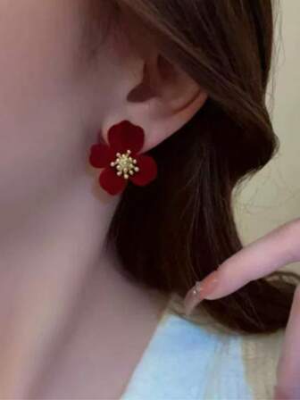 1 Pair Vintage Floral Velvet Elegant Earrings, High-Quality Design, Suitable For Autumn/Winter