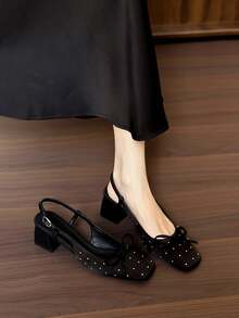 Giày sandal cao gót nữ, kiểu dáng thanh lịch, mũi vuông, gót trung bình, đính đá lấp lánh và nơ trang trí, thiết kế rỗng, gót dày, thích hợp cho tiệc tùng, đám cưới, hẹn hò, cỡ lớn, mùa hè/xuân. - màu đen - Xem 1