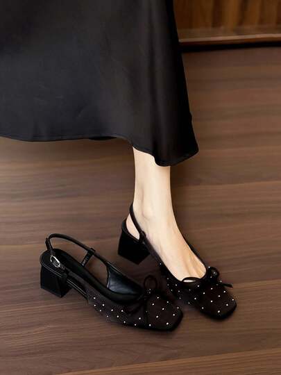 Elegant Square Toe Mid-Heel Pumps With Rhinestone Bow Decor, Thick Heel, Hollow-Out Design, Versatile For Party, Wedding, Date, Suitable For Plus Size, Spring/Autumn