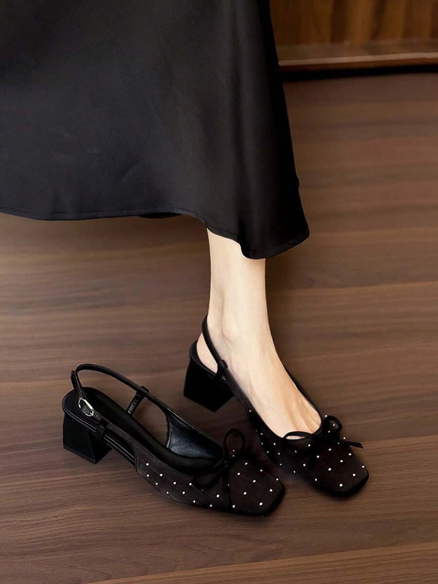 Giày sandal cao gót nữ, kiểu dáng thanh lịch, mũi vuông, gót trung bình, đính đá lấp lánh và nơ trang trí, thiết kế rỗng, gót dày, thích hợp cho tiệc tùng, đám cưới, hẹn hò, cỡ lớn, mùa hè/xuân. - màu đen - Xem 1