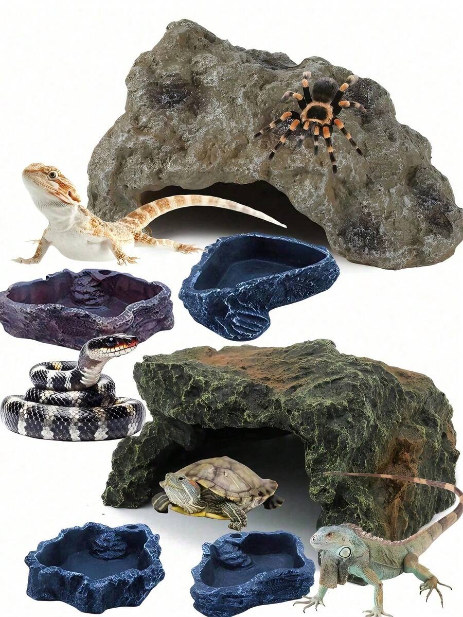 Reptile Rock Hideaway, Feeding Dish, Mane Lion Lizard, Gecko, Snake Habitat, Suitable For Glass Aquarium, Terrarium, Feeding Bowl Decor, Applicable For: Lizard, Turtle, Reptile, Amphibian, Fish