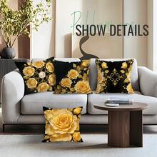 4 Stücke Schwarz & Gold Klassisch Perle Rose Blumen Muster Kissenbezüge, einseitig bedruckte Kissenhüllen, geeignet für Wohnzimmer, Schlafzimmer, Heimdekoration, ganzjährig