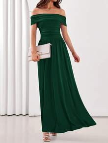 Women's Off-The-Shoulder Ruched Maxi Dress, Spring & Summer Pleated Flowy Long Gown For Cocktail Parties & Wedding Guests (With Pockets) - Dark Green - View 2