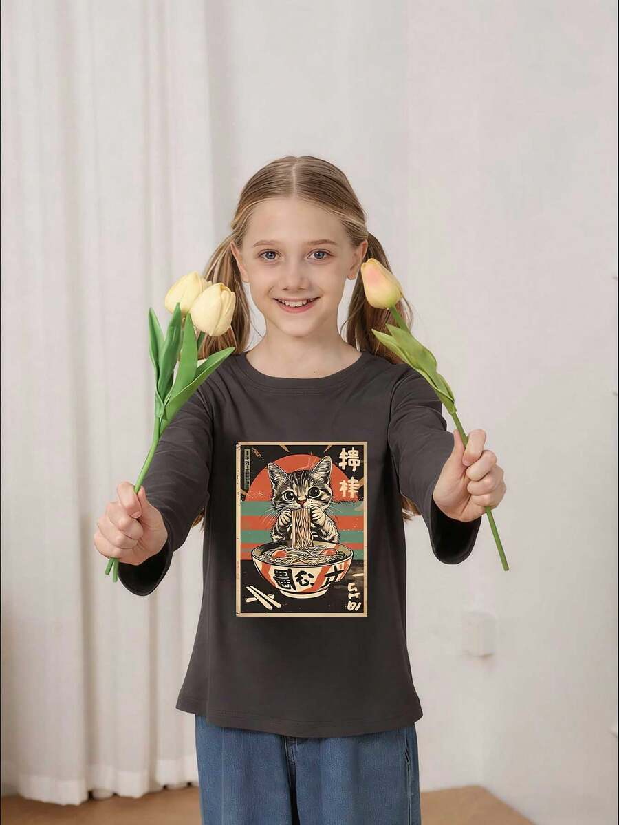 Tween Girls Graphic Print Crew Neck Long Sleeve T-Shirt, Autumn/Winter Tops - Dark Grey - View 1
