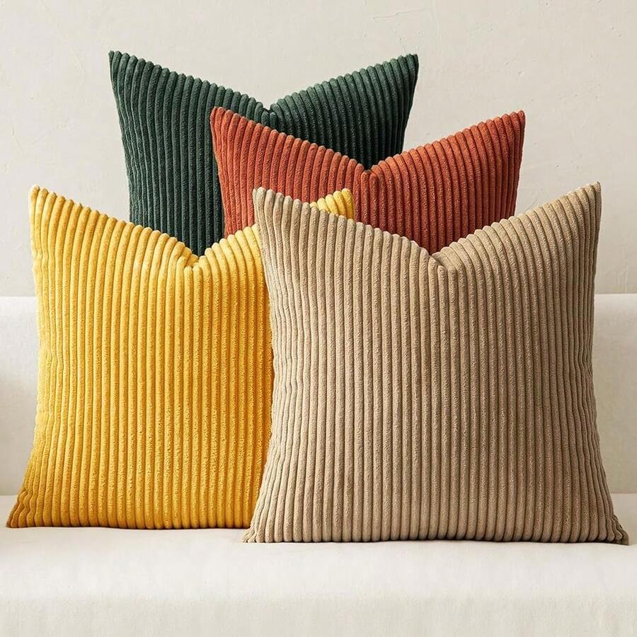 [Free Shipping]MIULEE Fall Pack Of 4 Green-Rust Corduroy Decorative Throw Pillow Covers 18x18 Inch Soft Boho Striped Pillow Covers Modern Farmhouse Home Decor For Winter Sofa Living Room Couch Bed - 綠銹色 18吋 x 18吋 4件裝 - 查看 1