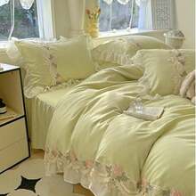 Chic Flowers Lace Bedding Set,3 Piece French Princess Style Comforter Duvet Cover Set(1 Queen Duvet Cover 90x90 Inch, 2 Pillowcases) Aesthetic Bedding For Romantic French Wedding - 青檸色 - 查看 7