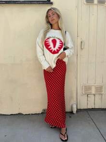 Women Polka Dots Long Skirt Y2k Mesh Layered Ruched Low Rise Bodycon Midi Skirts Casual Going Out Streetwear - 紅色 - 查看 6