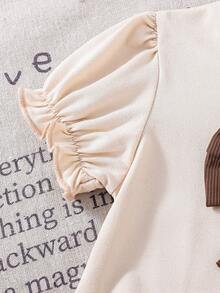 2件套女婴可爱时尚大蝴蝶结装饰短袖T恤上衣和条纹喇叭裤套装，春夏休闲装 - 棕色 - 查看 5