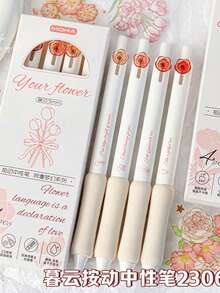 4/5支装透明彩色花朵系列中性笔，高品质花朵按压式笔，适合学生使用，速干0.5mm黑色墨水笔，适用于办公和签名 - 黑色 - 查看 9