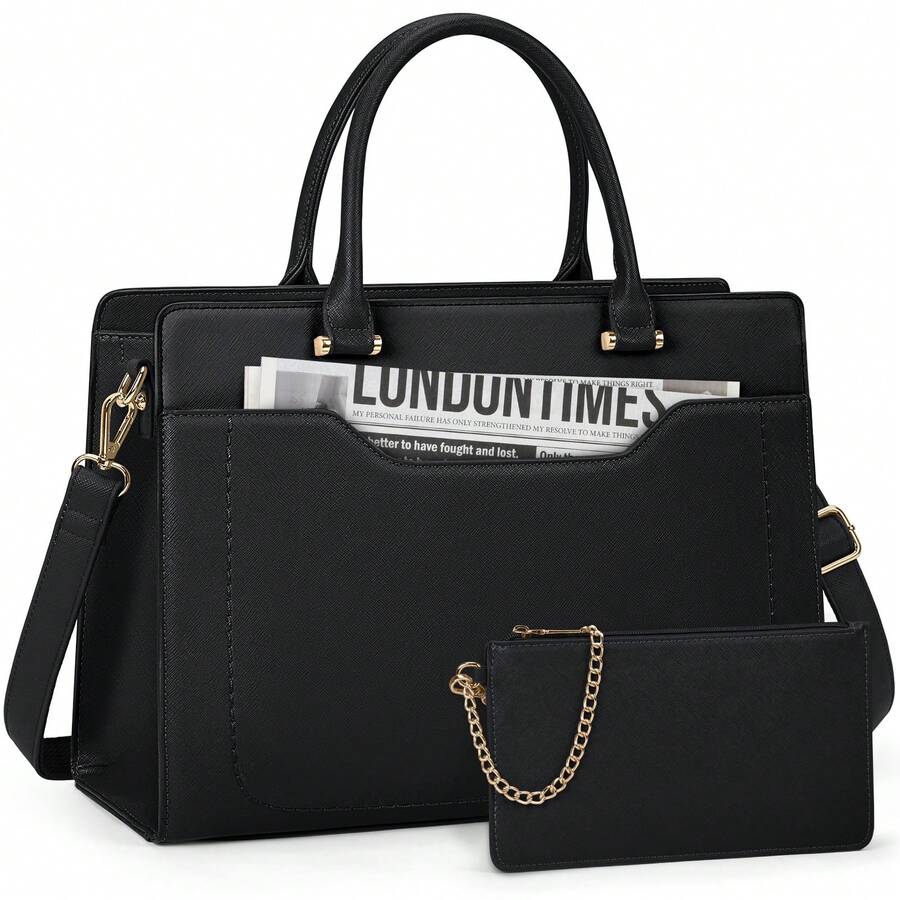 Laptop Bag For Women 15.6 Inch Work Tote Bag Womens Laptop Tote Waterproof Leather Computer Briefcase Business Office Bag Large Handbag For Travel College Teacher - 黑色 - 查看 1