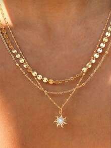 3pcs Delicate Sun Pendant Necklace Set With Disc & Beaded Chain, Multi-Layer Wearable Necklace For Women, Daily Fashion Jewelry (Bead Quantity Random) - Yellow Gold - View 1
