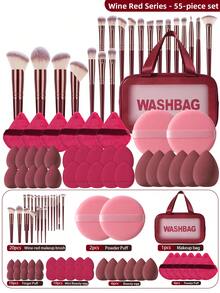 55pcs/20pcs/12pcs/2pcs Full Set Of Makeup Brushes, Including 20 Soft Brushes Such As Powder Brush, Blush Brush, Contour Brush, Highlighter Brush, Foundation Brush, Nose Shadow Brush, Eyeshadow Brush, Eyebrow Brush, Lip Brush, And Detail Brush, Plus 1 Travel Waterproof Makeup Bag + 6 Triangular Sponges + 6 Liquid Beauty Eggs - Multicolor - View 1