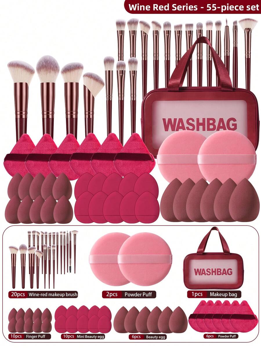 55pcs/20pcs/12pcs/2pcs Full Set Of Makeup Brushes, Including 20 Soft Brushes Such As Powder Brush, Blush Brush, Contour Brush, Highlighter Brush, Foundation Brush, Nose Shadow Brush, Eyeshadow Brush, Eyebrow Brush, Lip Brush, And Detail Brush, Plus 1 Travel Waterproof Makeup Bag + 6 Triangular Sponges + 6 Liquid Beauty Eggs - Multicolor - View 1