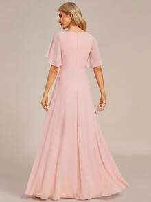 EVERPRETTY Elegant V-Neck Embroidered Ruffle Sleeve Pleated Chiffon Bridesmaid Dress, Formal Dress, Wedding Guest Dress Pink Spring - Pink - View 3