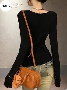 2pcs/Set Sexy Low Neck Long Sleeve Slim Fit Studded Crop Top - Black - View 8