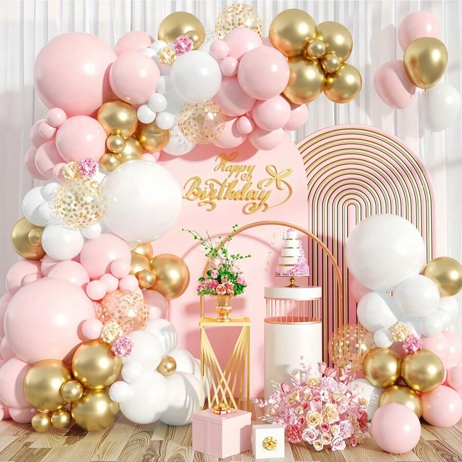 106PCS Pink And Gold Balloon Garland Pastal Pink White Gold Confetti Balloons For Birthday Shower Wedding Bridal Shower Party Decorations - 彩色 - 查看 1
