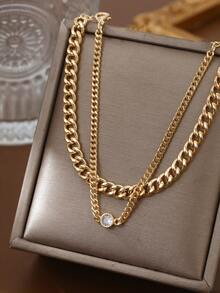 Nooxian 2pcs/Set Fashion Minimalist Casual Multi-Layer Strap Bracelet, Unique Handmade Double Chain With Single Round Sparkling Cubic Zirconia Stone Friendship Gift (No Gift Box) - Yellow Gold - View 3