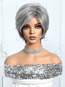 10-Inch Short Straight Wig, Made Of Gray Synthetic Heat-Resistant Material, Suitable For Women, Fresh And Natural, Perfect For Everyday Wear, And A Perfect Gift For Girls. - Silver - View 5