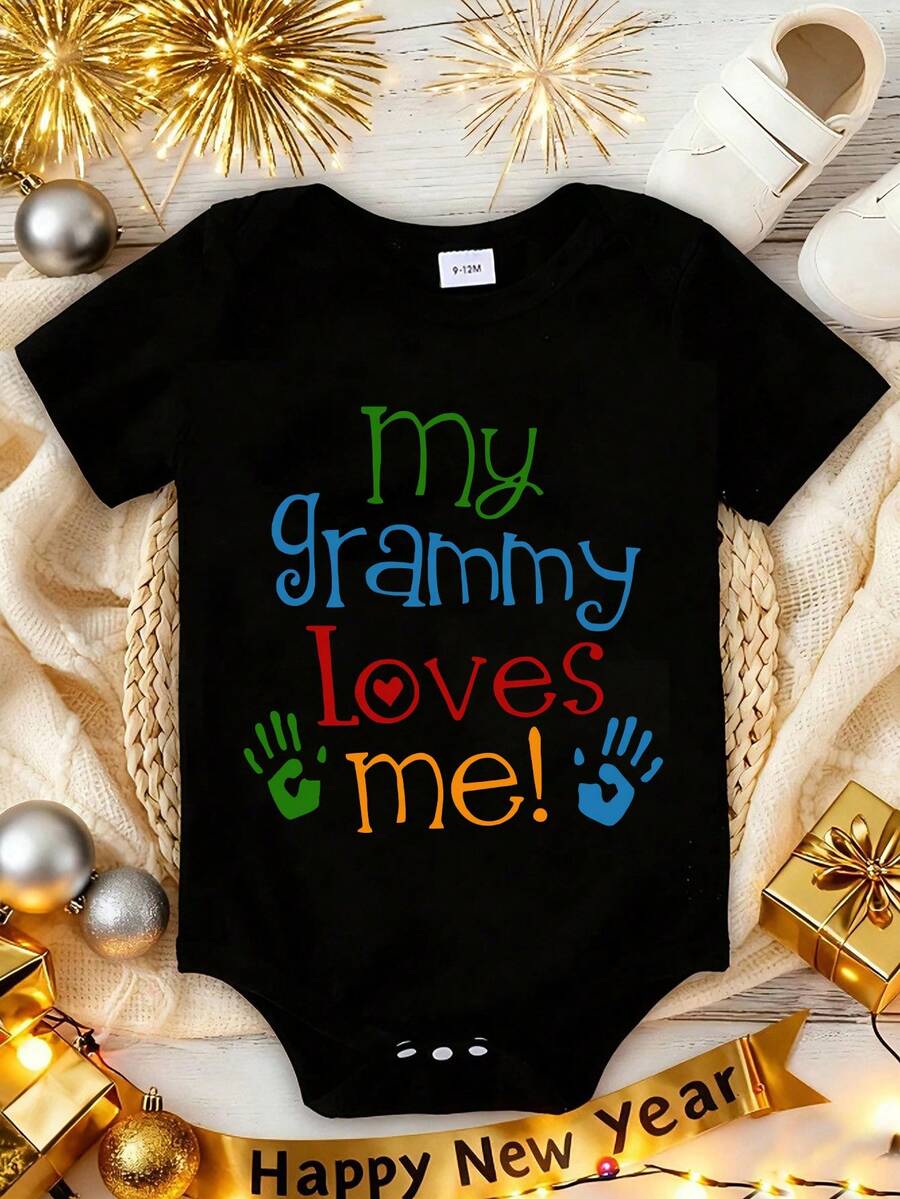 My Grammy Loves Me! Cartoon Print Baby Romper, A Stylish And Casual Short-Sleeve  With A Round Neck, Perfect For Boys And Girls To Wear For Holiday Celebrations And Activities Throughout The Year. Made Of Soft Cotton For Comfort. - 黑色 - 查看 1