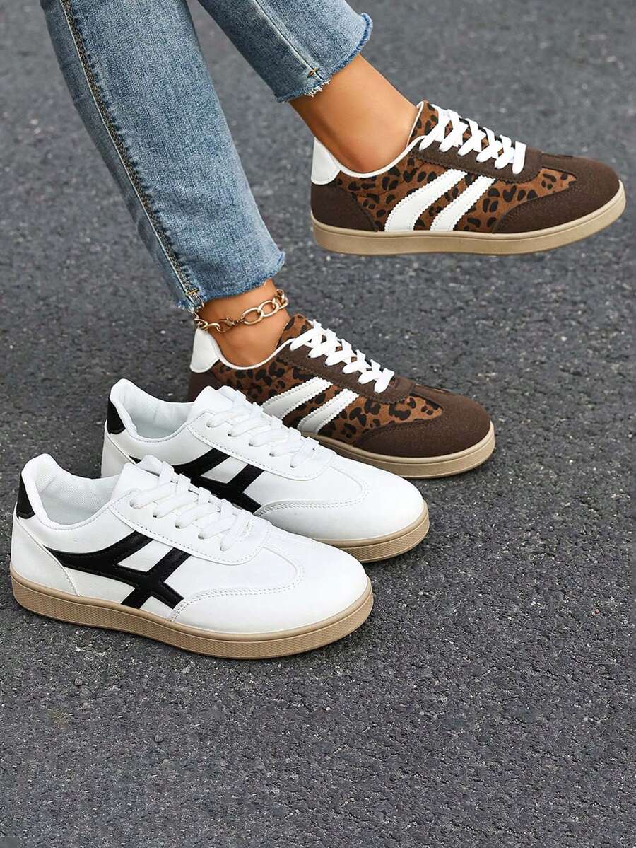 1 Pair Girls' Soft Sole Non-Slip Casual Fashion Lace-Up Sneakers, Leopard Print Breathable Comfortable Versatile Skate Shoes, Suitable For All Seasons - Brown - View 1