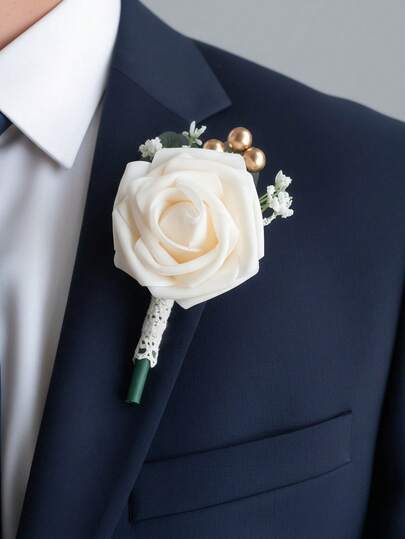 1Pc Vintage Wedding Boutonniere, Artificial Flower Rose Groom And Groomsmen Boutonniere For Wedding Ceremony Anniversary, Formal Dinner Party And Grad Night,Summer,Beach
