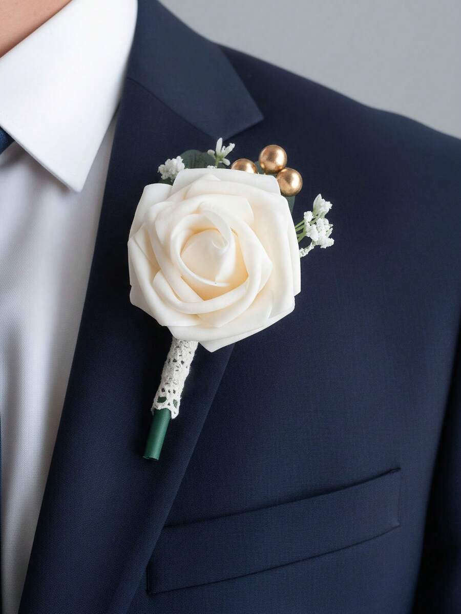 1 Peça Boutonnière de Casamento Vintage, Flor Artificial Rosa Boutonnière para Noivo e Padrinhos para Cerimônia de Casamento, Aniversário, Jantar Formal e Formatura, Verão, Praia