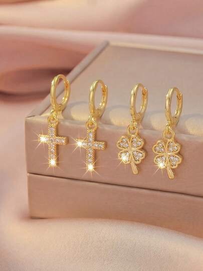 3styles Fashionable Classic Personalized Cross/Four-Leaf Clover/Pin Drop Earrings Suitable For Girls Daily Versatile Jewelry For Children Bityhday Gift