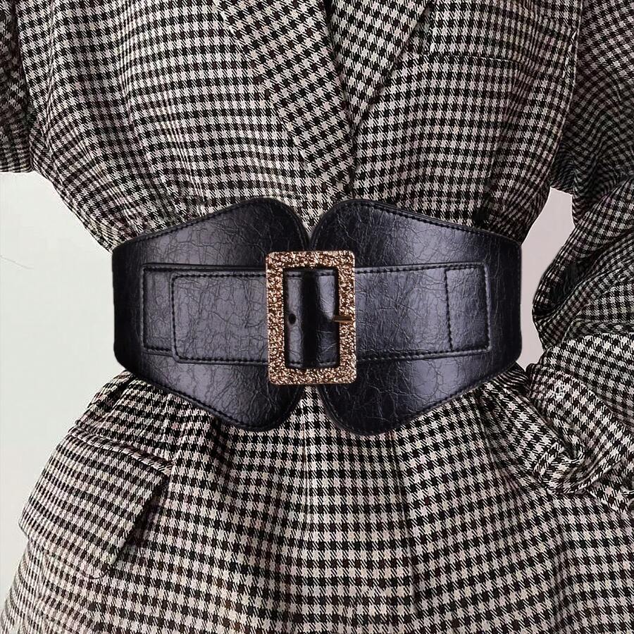1pc Patterned Metal Buckle Decor Elastic Waist Belt, Casual Daily Wear - Black - View 1