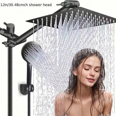 Bathroom Rainfall Shower Head 8/10/12" Square With Adjustable Extension Arm, High Pressure Shower Head, Ultra Thin Rainfall Bath Shower With Silicone Nozzle, Three Function Handheld Showerhead