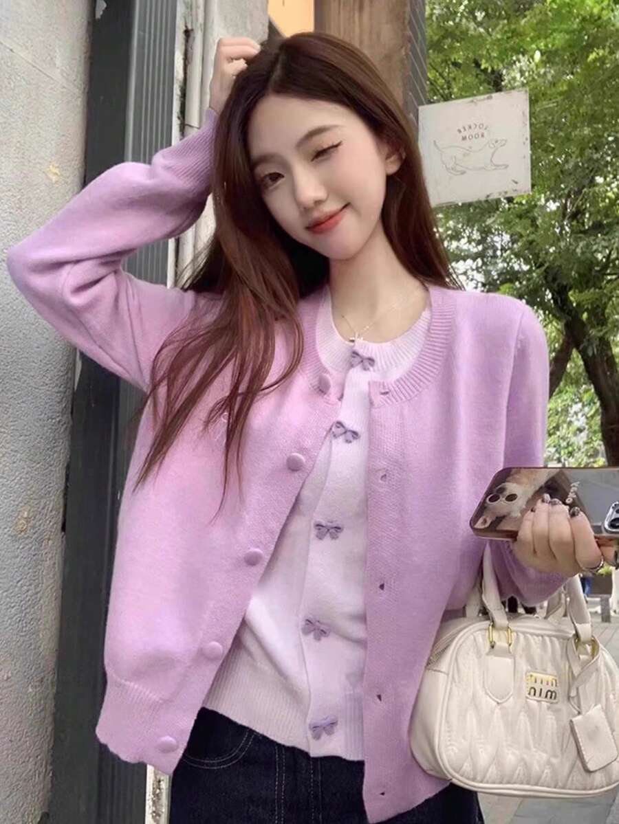 Y6Y 2025 秋冬新款紫色蝴蝶结独特设计宽松针织毛衣女上衣 - 紫色 - 查看 1