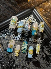 10pcs Handmade Fully Covered Square Nails Acrylic Kit,Blue&Apricot Nail,Blue&Apricot French,Blue Tie Art,3D Stereo Rhinestone&Flower&Star Moon&Chain Bead Nail Art Accessories Decoration,Handmade Chrome Powder Sun And Moon& Zebra Stripes& Geometric Patterns,Very Suitable For Women And Girls To Attend Theme Ramadan Parties - Blue - View 3
