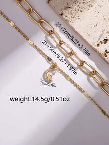 Nooxian 2pcs Beach Vacation Style Anklet Set, Paper Clip Chain With Star & Moon Cubic Zirconia Pendant Anklet, Fashion Jewelry - Yellow Gold - View 6