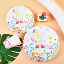 Blumenmuster Einweg-Geschirr Set, 18/23 cm Party Teller, Einweg Pappteller und Becher geeignet für Feiertage, Hochzeiten, Verlobungen, Geburtstage, Partys, Feierlichkeiten - Verschiedenfarbig - Übersicht 5