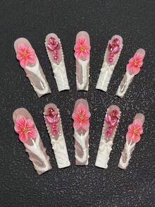 10-Piece Pure Hand-Made Nail Pressing Nails 55mm Square Ultra-Long Nails Multi-Color With Three-Dimensional Modeling Glue Carving Craft Fashion Versatile Gothic Y2k Suitable For Women To Wear Three Sizes Can Be Selected For A Variety Of Occasions, Parties, Dances And Daily Wear Nail Supplies - Multicolor - View 1