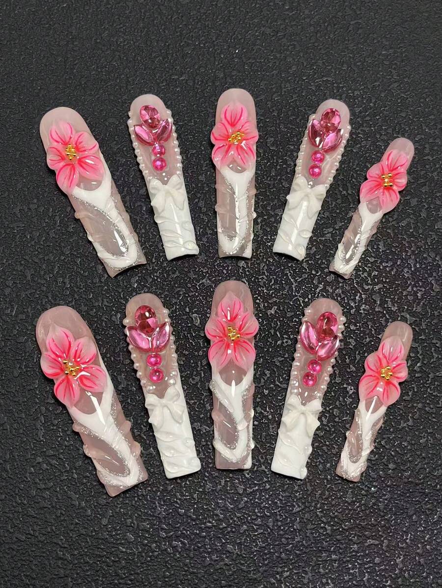 10-Piece Pure Hand-Made Nail Pressing Nails 55mm Square Ultra-Long Nails Multi-Color With Three-Dimensional Modeling Glue Carving Craft Fashion Versatile Gothic Y2k Suitable For Women To Wear Three Sizes Can Be Selected For A Variety Of Occasions, Parties, Dances And Daily Wear Nail Supplies - Multicolor - View 1