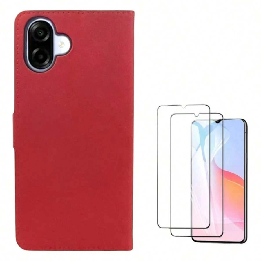 Funda Cartera Suave Con Porta Tarjetas Para Samsung A07 Más 2 Micas De Cristal - Rojo - Ver 1