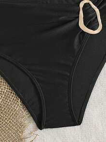 Women's Solid Color Flat Chest Halter Bikini Two-Piece Set, With Metal Accessories In The Middle, Suitable For Island Vacation, Photography, Swimming, For Summer Beach - Black - View 5