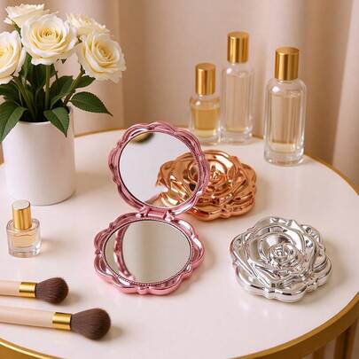 迷你化妆镜，玫瑰图案便携化妆镜，口袋镜，手持双面化妆镜，2倍放大高清玻璃镜，旅行化妆镜，便携化妆镜，口袋小化妆镜，时尚配饰，客厅/家居/卧室装饰，送给挚爱妈妈的完美礼物