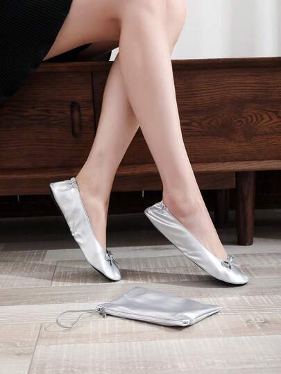 银色可折叠拉链包，女士平底芭蕾舞鞋、瑜伽练习鞋、室内运动鞋、软底舞蹈鞋、演出专业交谊舞鞋，柔软舒适，轻便