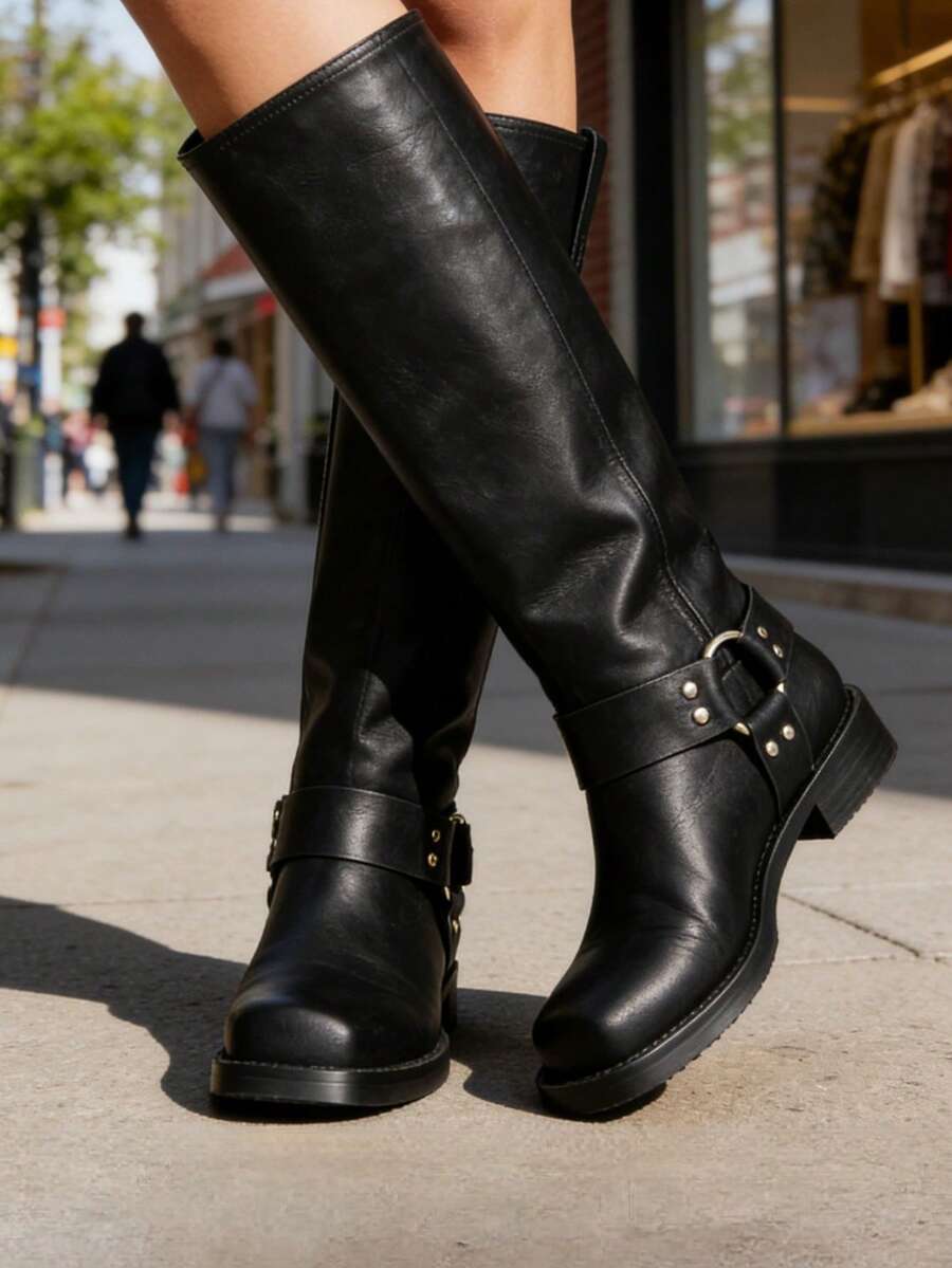 Women's Knee High Boots Slip On Riding Boots Squared Toe Buckle Boots For Women Chunky Heel Tall Motorcycle Boots Women's Low Heel Boots - màu đen - Xem 1