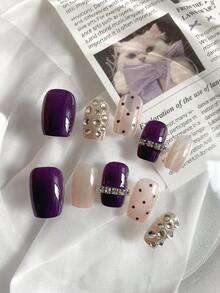 10PCS Press On Nails, Purple & Pastel Pink Rhinestone Design, Reusable Fake Nails For Party/Wedding, 4-Season Waterproof & Shiny Manicure,Valentine Nails,Purple Nails,Includes Jelly Gel And Nail File - Violet Purple - View 4