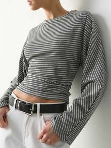 Women's Comfortable Regular Length Striped Knit Long Sleeve Crew Neck T-Shirt With Cinched Hem Detail