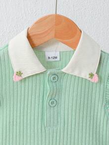 Baby Girl Summer Knit Set: Mint Green Ribbed Polo Shirt (Contrast Collar + Strawberry Decor + Ruffle Sleeves) & White Apricot Ruffle Hem Shorts 2Pcs, Soft Knit Fabric, Breathable & Skin-Friendly, Delicate Decor, Light Color Suitable For Summer Daily/Light Social Occasions, Comfortable & Easy To Wear & Care, Creating A Cute Outfit - Mint Green - View 6