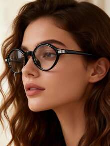 Women's Asymmetrical Small Round Frame Decorative Non-Prescription Glasses, Versatile For Photo Shooting, Parties, Office, Daily Wear, And School - Black - View 5