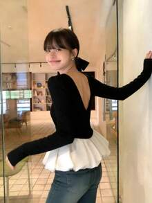 Casual Sweet Ballet Style Layered Blouse With Ruffle Trim And Long Sleeves, Suitable For Women In Spring And Autumn